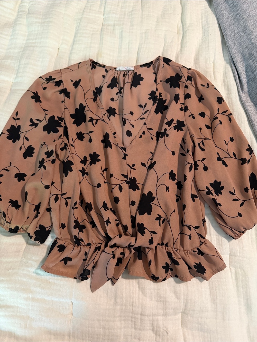 Sienna Sky Taupe Floral Tie-Waist Blouse with Black Print